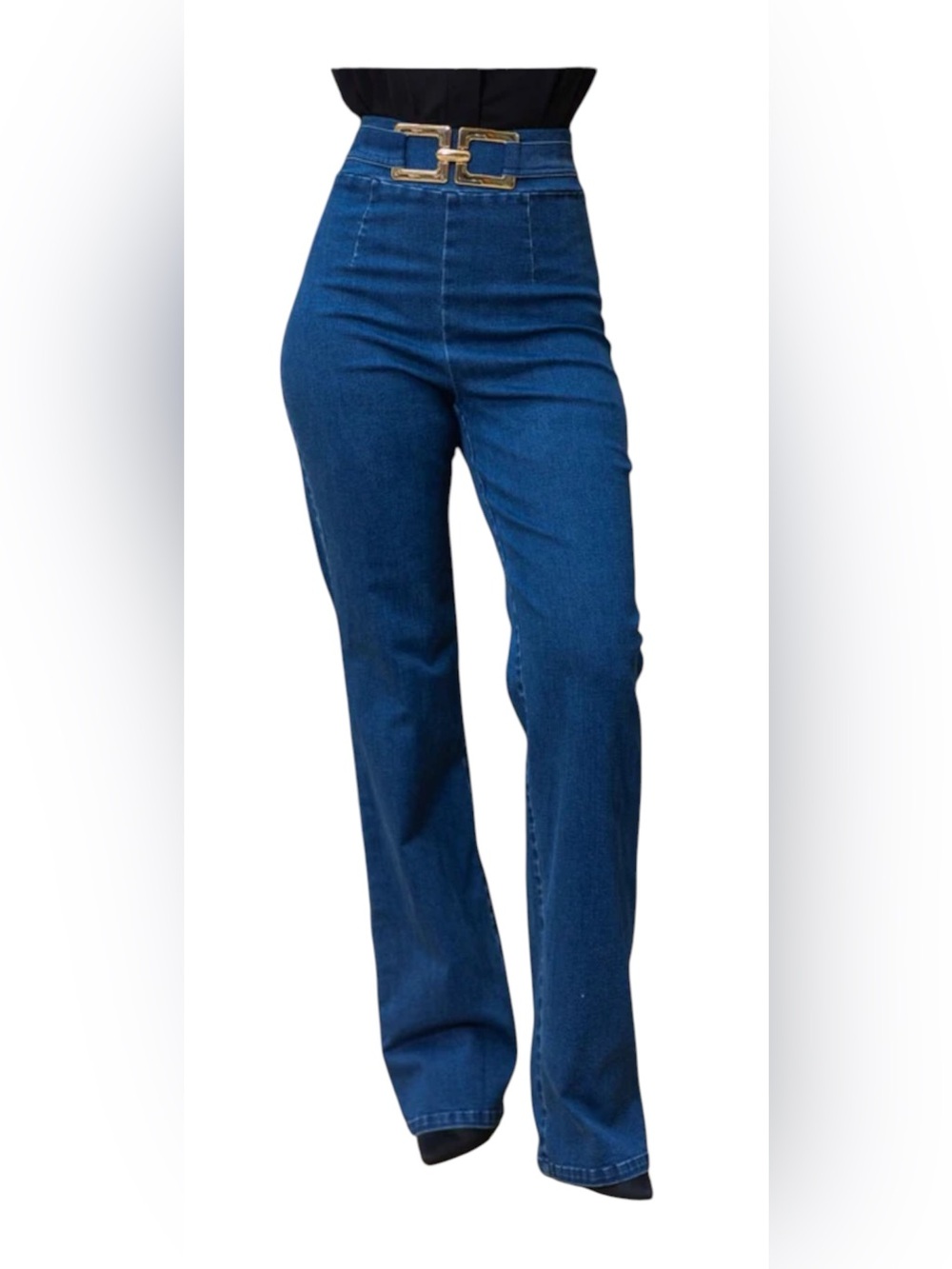 HIGH WAISTED DENIM STRETCH WIDE FLARE PANTS JEANS LIGHT WASH GOLD BUCKLE S